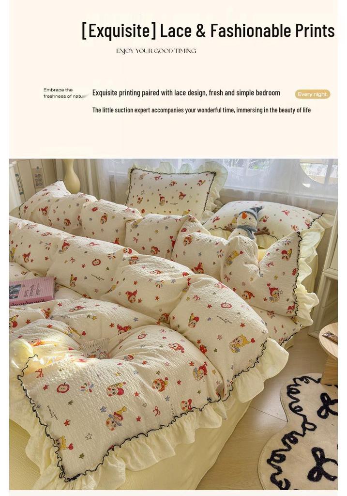 Korean Style Puff Gauze Lace Bedding Set - 4-Piece for Children's Dormitory Bed.