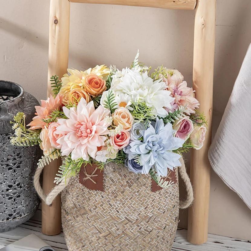 1Pc Artificial Flowers Dahlia Little Roses Combination Wedding Bridal Bouquet Festival Wreath Home Floral Arrangement Room Decor