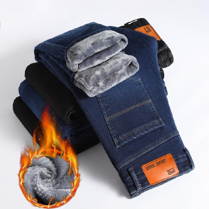 Talvised pikad püksid Meeste teksad Fliisist lahtised sirged vabaaja teksad