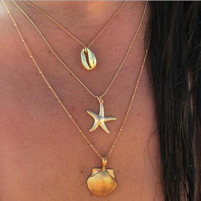 3Pcs Bohemian Conch Starfish Pendant Necklace For Women Conch Seashell Gold Color Metal Chain Choker Summer Beach Party Jewelry