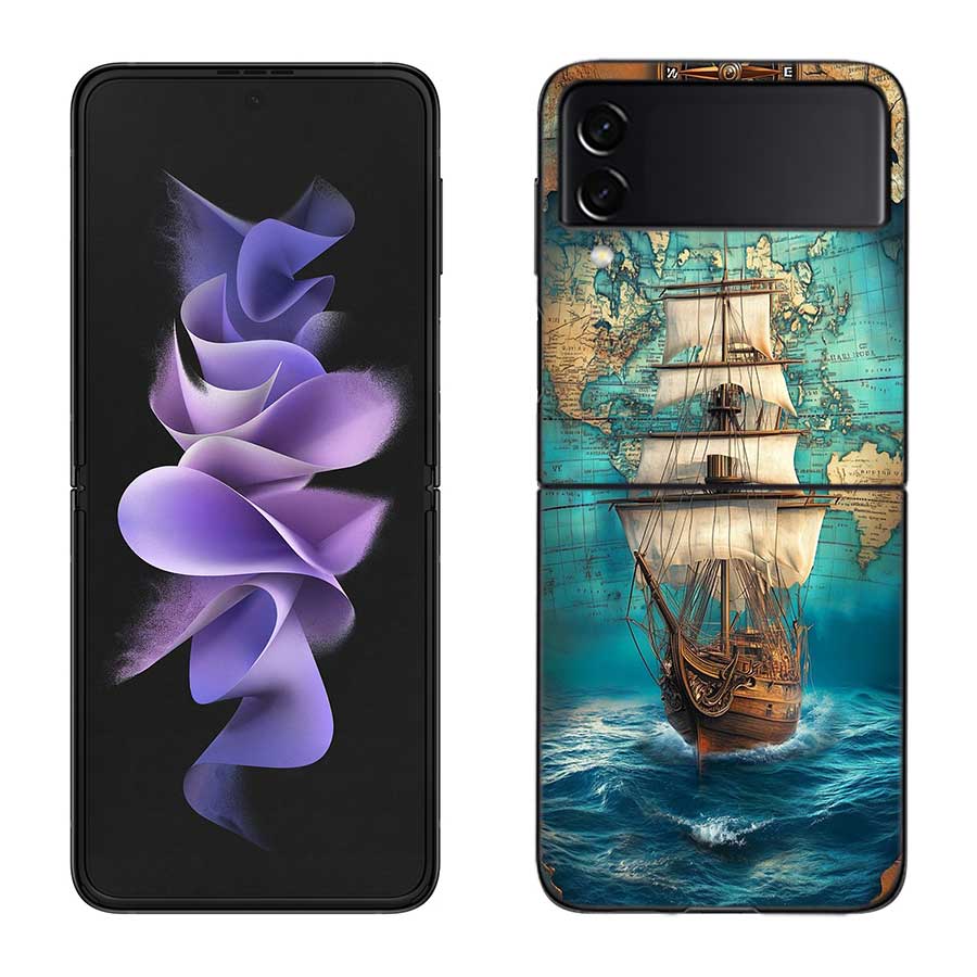 Compass Map Voyage Phone Case For Samsung Z Flip 7 6 5G Galaxy Z Flip 5 4 3 Black Hard Cell Cover Luxury PC Shell Coque
