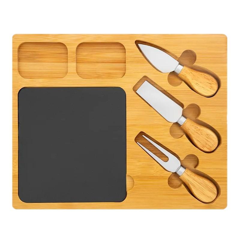Bamboo Cheese Board Set with Knife, Fork, and Slate Steak Plate