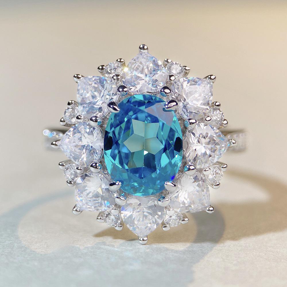 S925 Sterling Silver Women's Aquamarine & Zircon Ring with High Carbon Diamonds In Luxury Setting, European & American Cross-Border Style.