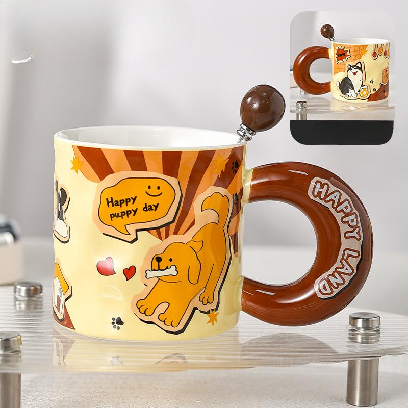 

Кружка для завтрака «Кошки и щенок» для пары, керамическая, милая, бытовая, женская, с высоким внешним видом, для завтрака, с ложкой 450ml