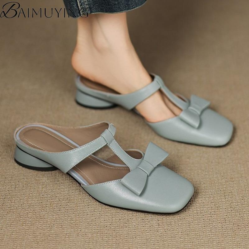 Fashion Bow Square Toe Slippers Mules Heeled Sandals Women Casual Loafers Shoes Woman 2025 Trend Summer Pumps Soft Leather Flip Flops