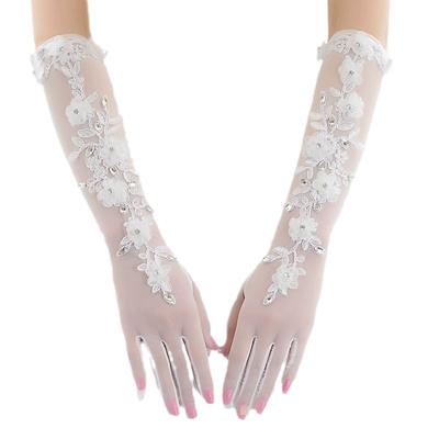Women Sheer Tulle Long Gloves with 3D Floral Lace & Rhinestones, Elegant Bridal Gloves for Wedding