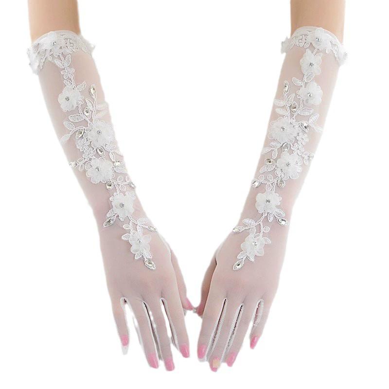 Women Sheer Tulle Long Gloves with 3D Floral Lace & Rhinestones, Elegant Bridal Gloves for Wedding L