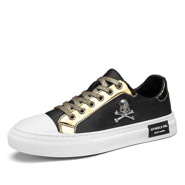 Весенние мужские туфли из натуральной кожи, повседневные туфли, уличные крутые белые туфли для скейтбординга с черепами, молодежные кроссовки на шнуровке 38 чёрный