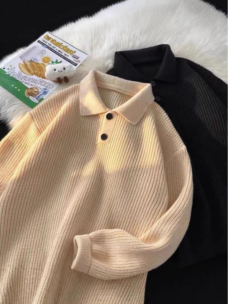 Men's Loose Fit Lapel Sweater - Trendy Hong Kong Style, Versatile Long Sleeve Solid Color Knitwear for Autumn and Winter.