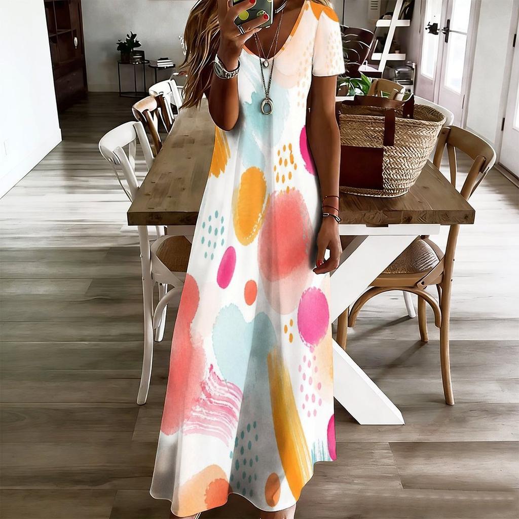 Women Plus Size V Neck Short Sleeve Printed Casual Straight Long Dress
