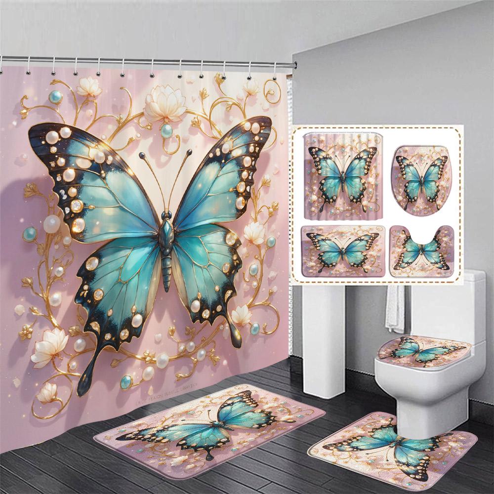 Floral Blue Butterfly Shower Curtain Set Purple Flowers Plant Butterflies Pattern Home Bathroom Decor Bath Mats Toilet Lid Cover