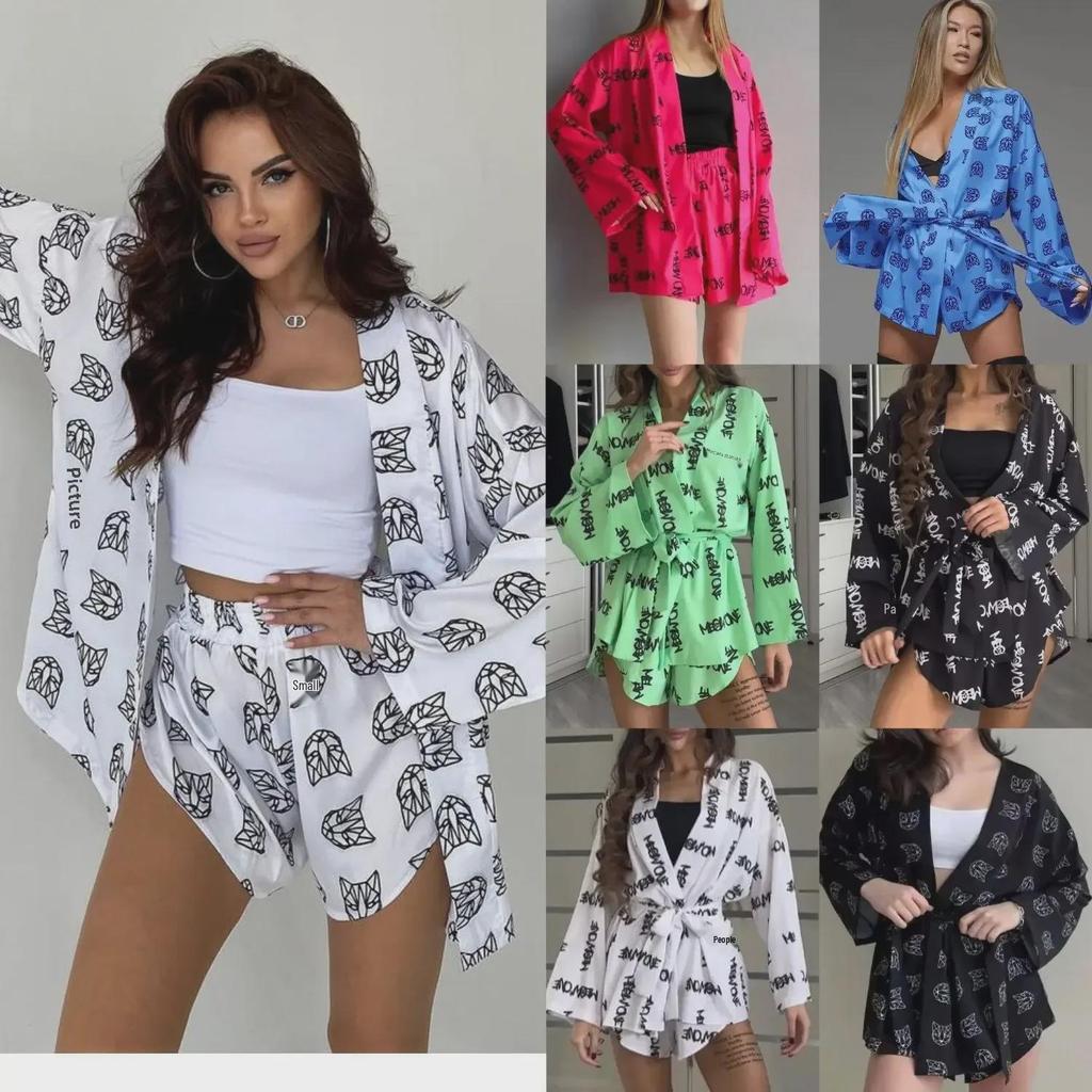 Women's Loose Long-Sleeve Print Lace-Up High Waist Shorts Suit