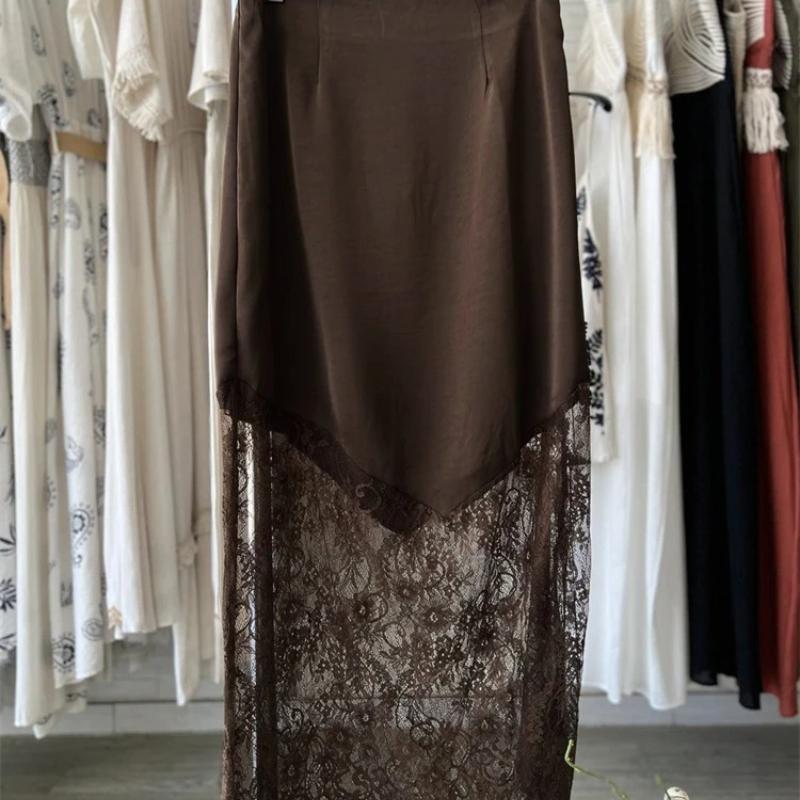 Trendix Women Patchwork Lace Skirts 2025 New High Waist Slim Hollow Out Maxi Skirts Autumn Brown Fashion Party Club Boho Skirt