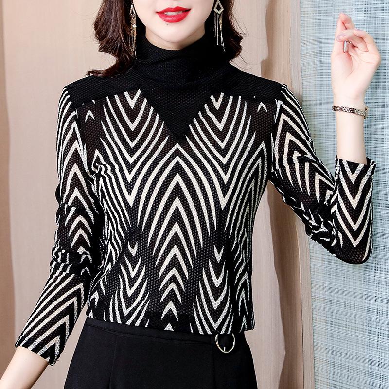 

Women s High Neck Slim Fit Base Layer Shirt - New Fashion Texture Print Versatile Top XXL