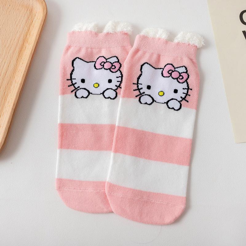 Women's Blue Fat Cat Cartoon Socks – Cute 3D Ears, Feather Yarn, All Cotton, Low-Cut Boat Style