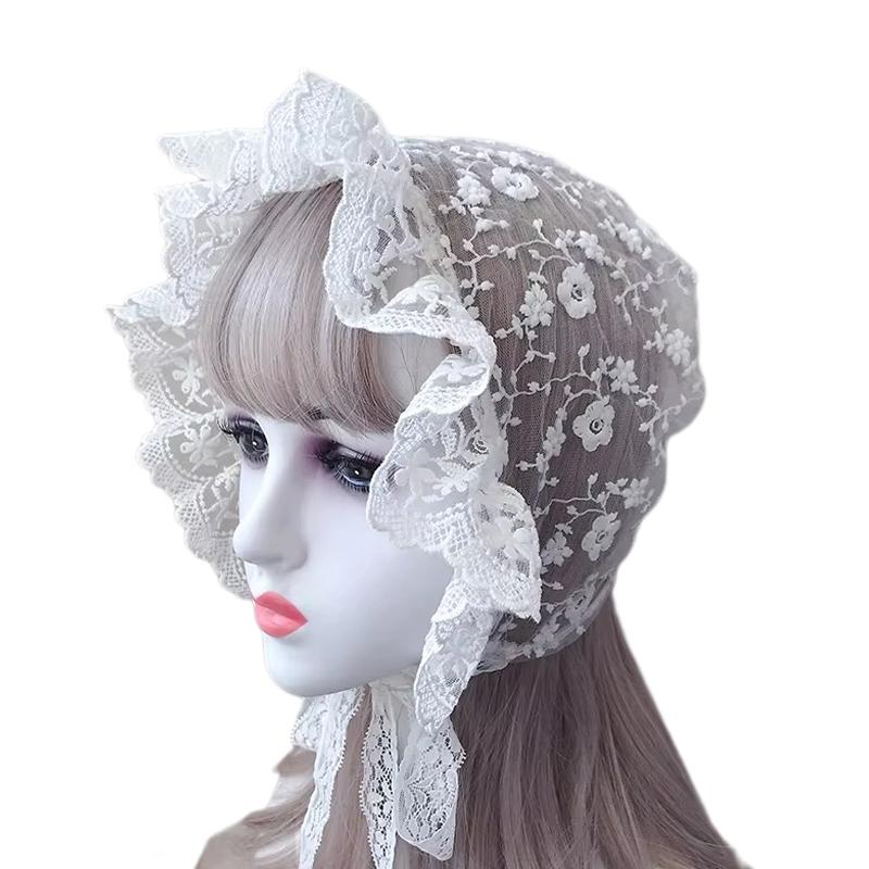 Lolita Cap Maid Cosplay Vintage Lace Bonnet Ruffled Hat Women Girls Pumpkin Cap Lace-up Adjustable Hat