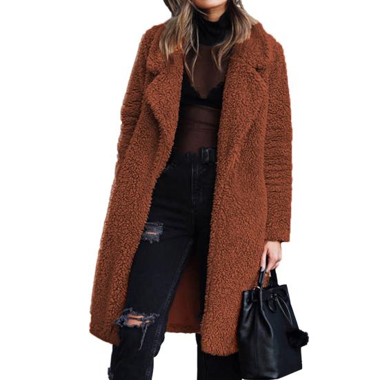 Winter Damen Jacke Doppelseitiges Fleece Umlegekragen Lange Ärmel Knielang Warm halten