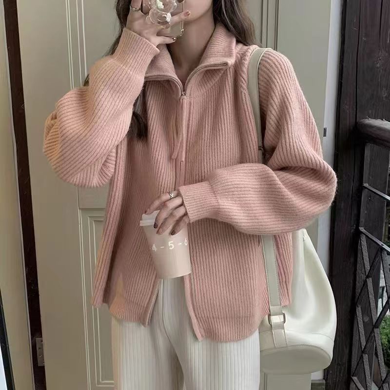 Knitted Cardigan Sweater Female Spring and Autumn Lapel Zipper Sweater Long Sleeve Solid Women Foreign Outerwear Cardigan Female