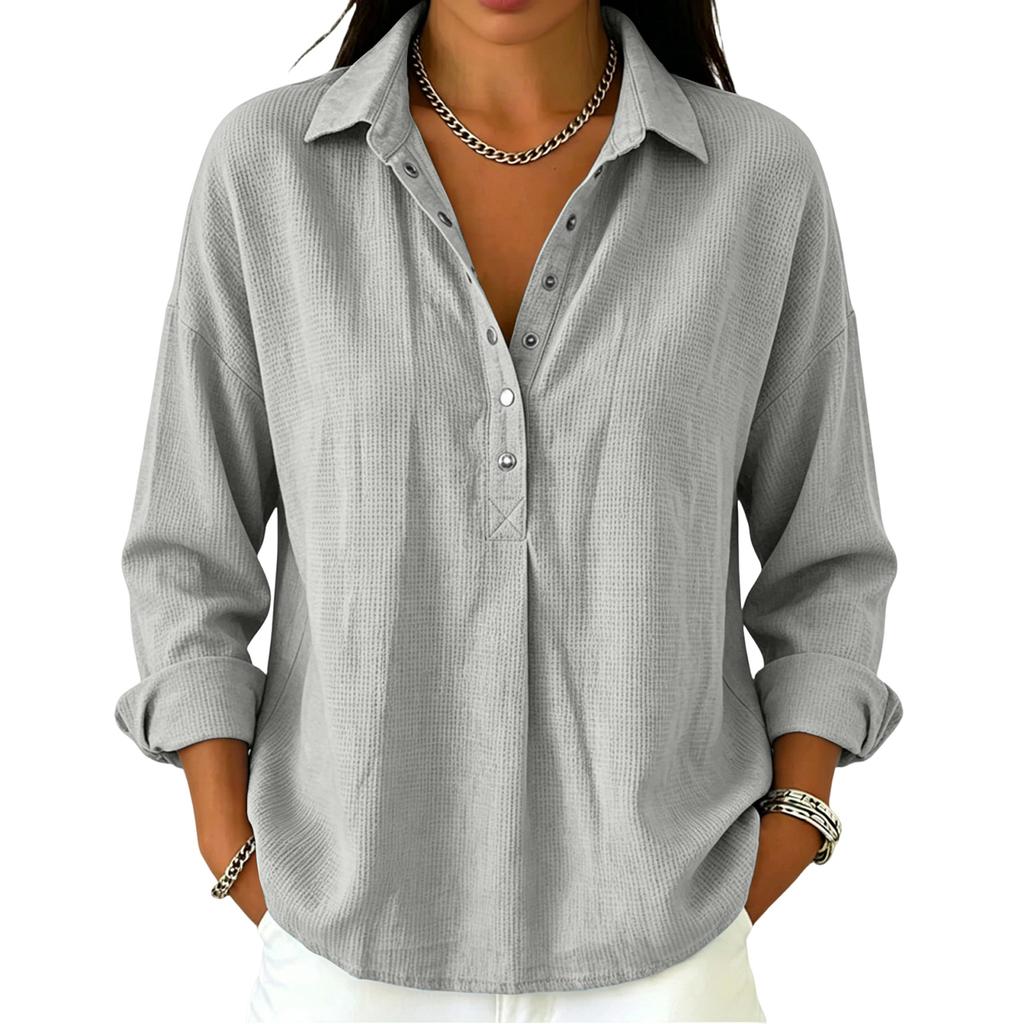 Women's Casual Long Sleeve Polo Shirt Button Front Waffle Texture Pullover Lightweight Relaxed Fit Top for Everyday Wear