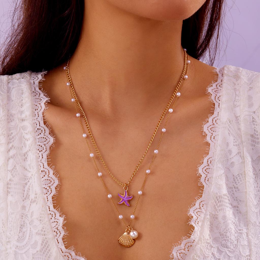 Double Layered Imitation Pearl Starfish Shell Pendant Necklace for Women Ocean Style Summer Beach Jewelry Travel Party Gift