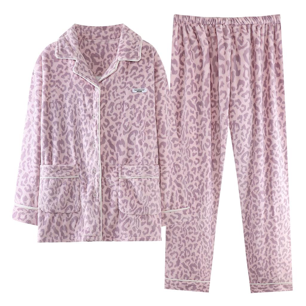 Flannel Pajamas Women'S Autumn And Winter Fleece Thickened Coral Fleece Warm Can Be Worn Outside Loungewear Set