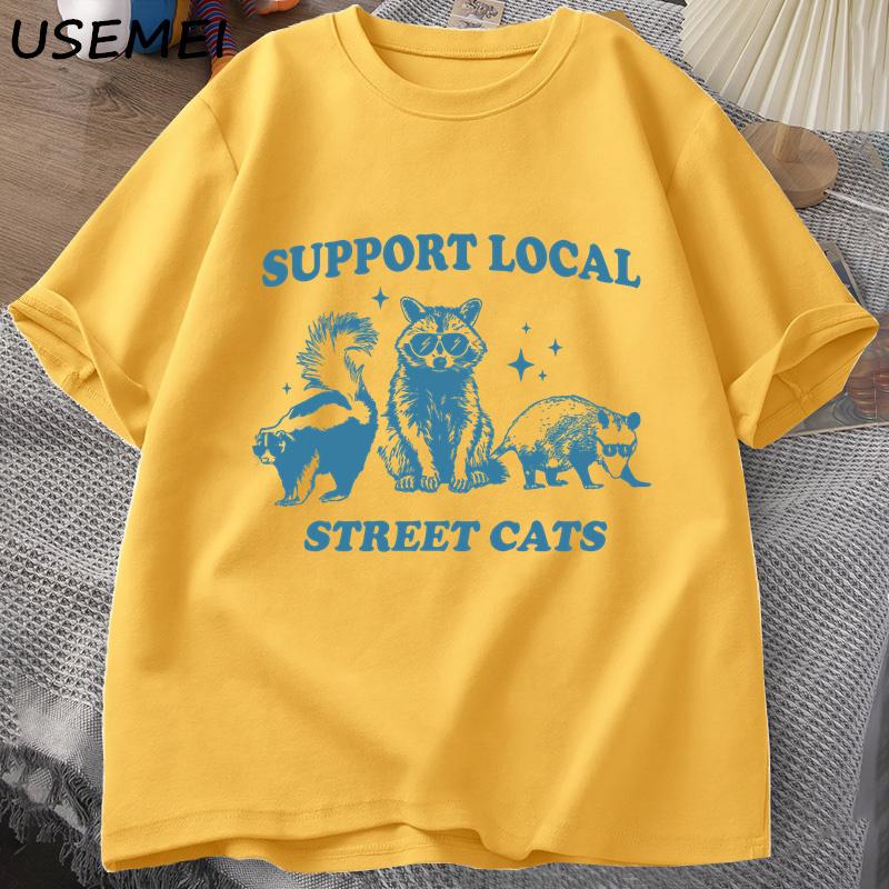 Support Your Local Street Cats Retro T Shirt Funny Raccoon T-Shirt Streetwear Animal Cat Lover Graphic T Shirts Mens Clothing