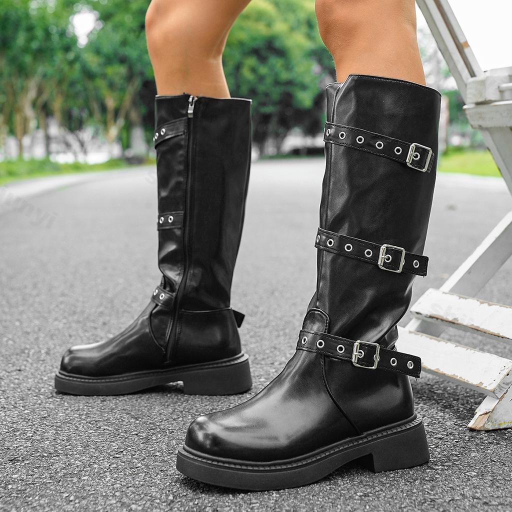 Damen kniehohe Chelsea Boots 2026 Herbstmode mittlere Absätze Plateau-Schuhe Damen hoher Schaft dicke Sohle Retro-Schnalle Botas Mujer