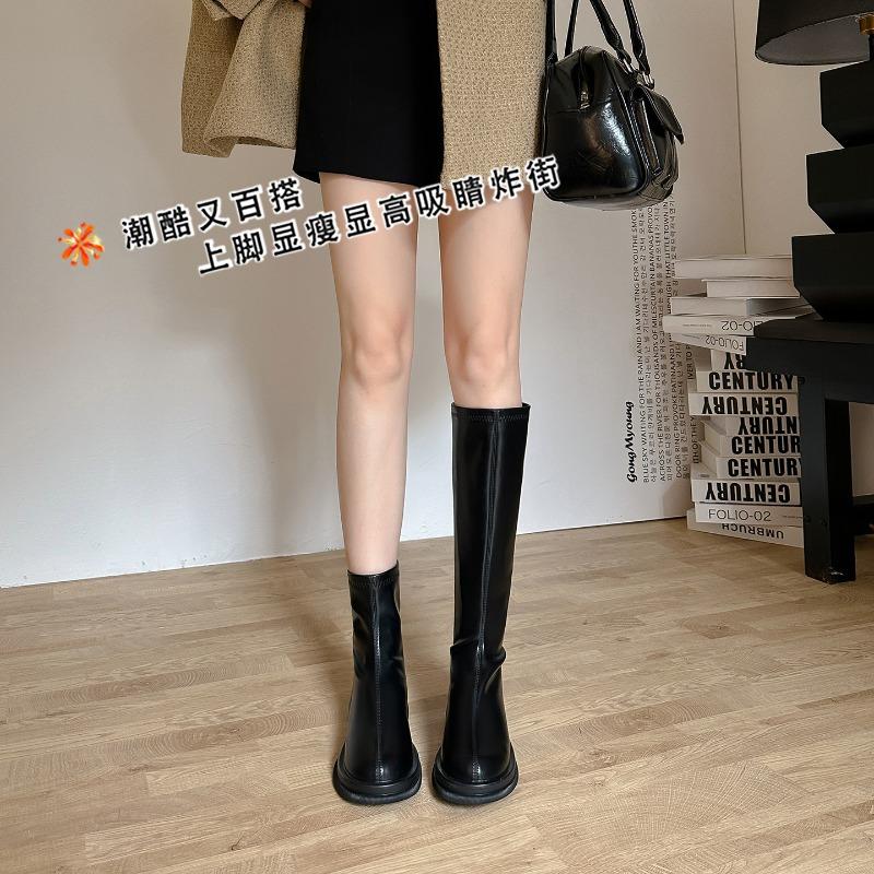 Cowhide version~ Leather thick-soled high knight boots, small but knee boots, fat mm long boots, elastic and thin boots