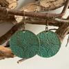 Bohemia Retro Turquoise Patina Finish Ethnic Carved Flowers Round Disc Dangle Earrings for Women Halloween Party Witch Jewelry