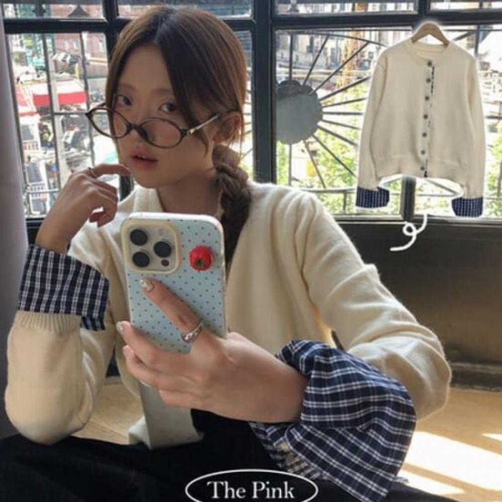 The Pink Check Shirt Layered Color Knit Cardigan