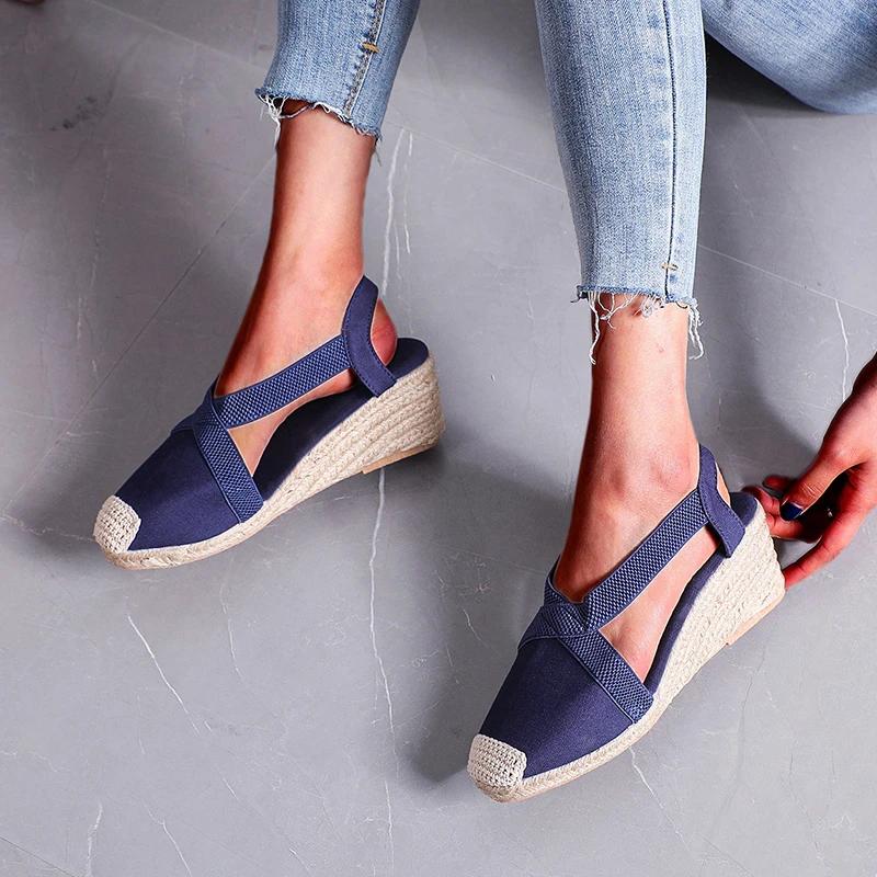 Fashion Women Sandals Summer Fashion Solid Color Espadrilles Casual Cross Belt Casual Wedge Sandal Fashion Outdoor Beach Ladies Shoes