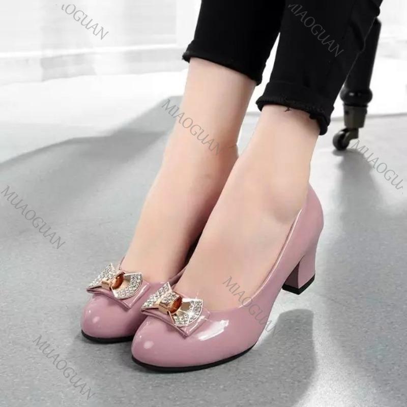 Fashion Women Autumn Round-toe Metal Bow Rhinestone Chunky Heels Single Shoes Elegant Heel Women's Shoes Fashion Soft Leather Work Pumps