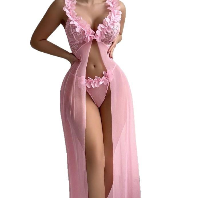 Europe and the United States popular flower suspender long skirt perspective mesh sexy underwear lace thong women