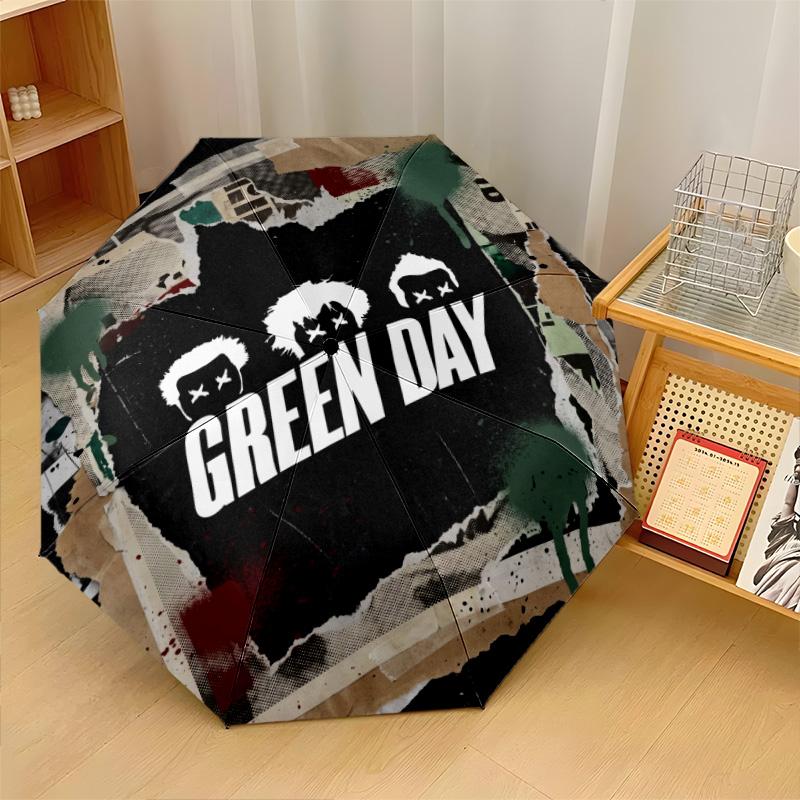 Green Day Print 8?Ribs Automatic Umbrella Wind Resistant Lightweight Folding Umbrella For Outdoor Travel
