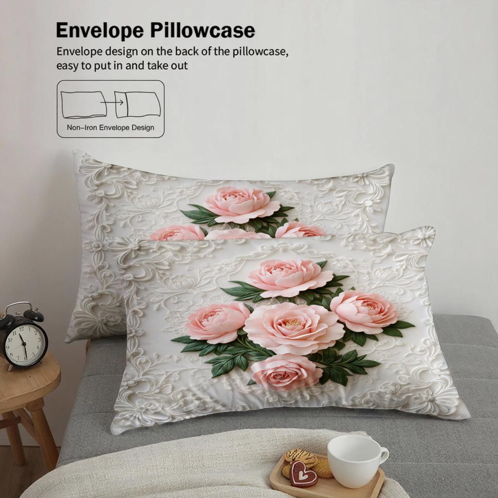 Rose Embroidered Bedding Set White Floral Pattern Bedding With Duvet Cover Pillowcases Wrinkle-Free Fade-Resistant For Bedroom