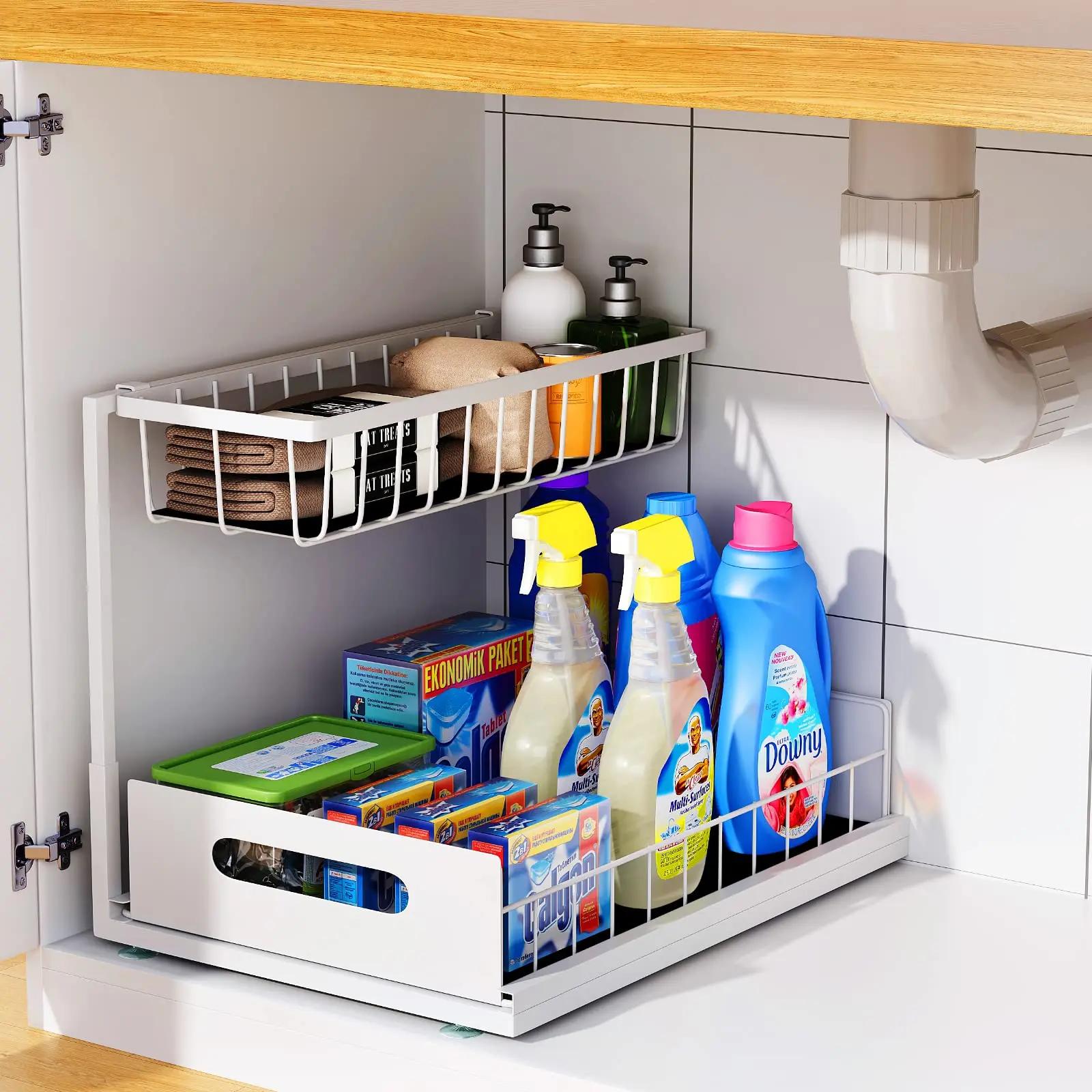 

Under-Sink 2-Tier Sliding Cabinet Basket Organizer, Pull-Out Drawer Storage Rack, Multipurpose Sink Organizer for Kitchen/Bath белый
