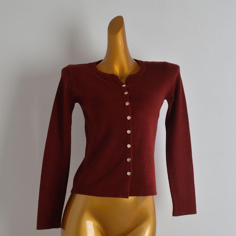 French Style New Arrival Pure Color Chic Metal Breasted Round Neck Knitting Cardigan Women's Clothes Fall Slim Fit Short Long Sleeve Top