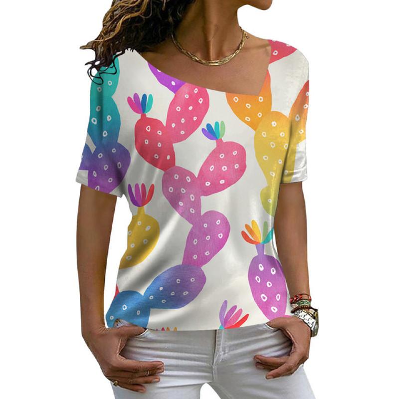 Ladies Fashion Casual Loose Pullovers Tee Shirts Summer 3d Pineapple Printed Women's Short Sleeves V-Neck Diagonal Collar Tops