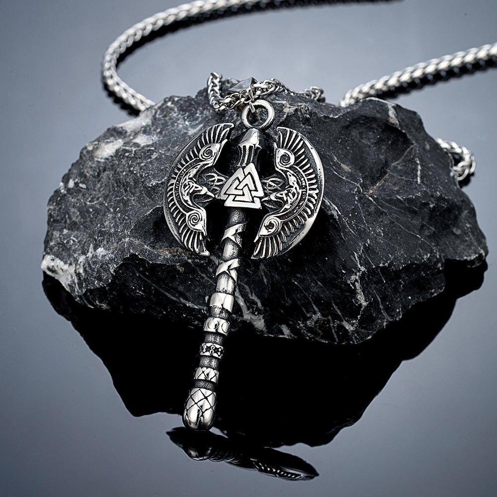 Norse Runes Odin s Raven Giant Axes Necklaces Men Stainless Steel Vikings Valknut Amulet Pendant Scandinavian Jewelry Male Gifts