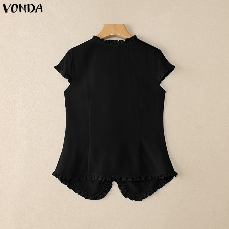 VONDA Summer Women Casual V-Neck Short Sleeve Ruffled Hem Slim T-shirts Tops