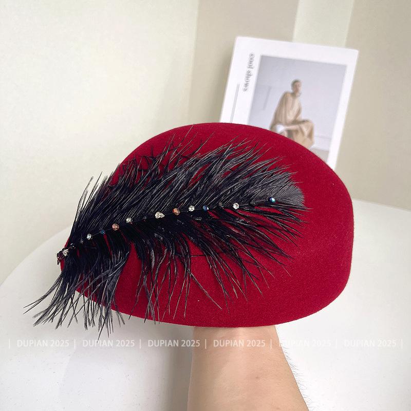 Boina Decorativa de Lana con Diamante de Pluma Francesa para Mujer, Sombrero de Invierno de Alta Gama Versátil, Sombrero de Pintor, Gorro de Copa Cálido de Moda