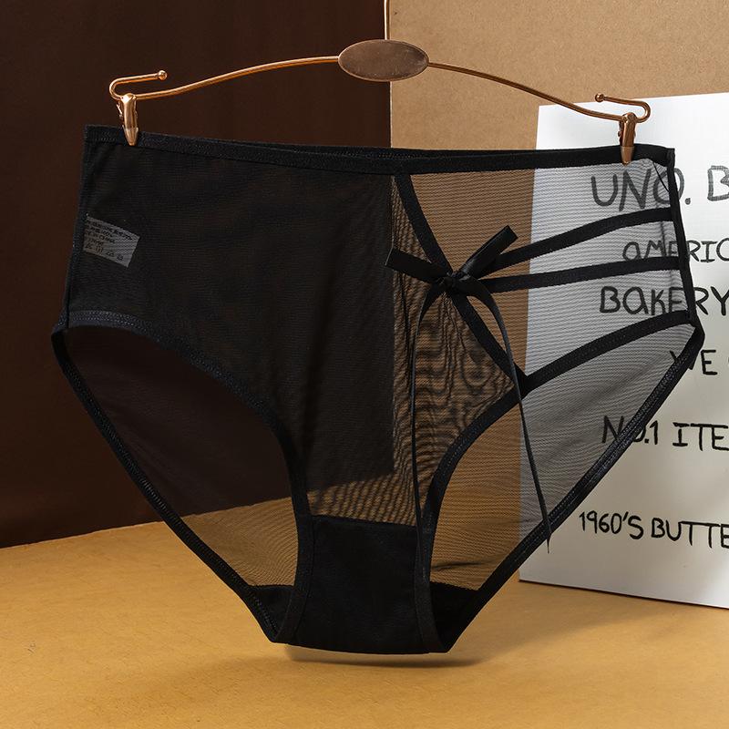 Женские Летние Тонкие Модели Новые Сексуальные Кружевные Прозрачные Сетчатые Кружевные Треугольные Трусики с Бантом M чёрный