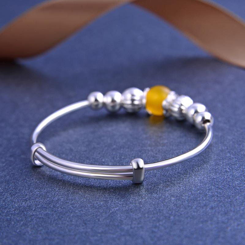 S990 Silver Inlaid with Yellow Chalcedony Beads, Round Bead Baby Bracelet, A Pair of Cute Baby Bracelets, Silver Children's Bracelet