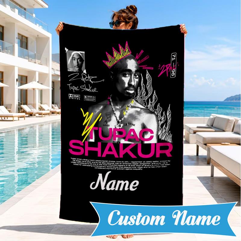 Custom Name Tribute Tupac's Legacy Heart In Space Adventure Microfiber Beach Towel, Lightweight for Summer Travel, Swimming Pool Fan Gift
