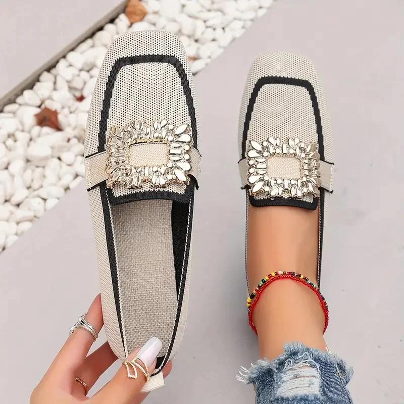 Women Flats Spring 2026 New Large Size Flat Loafers Shoes Women Knitting Slip-on Square Head Breathable Fashion Shoes for Women