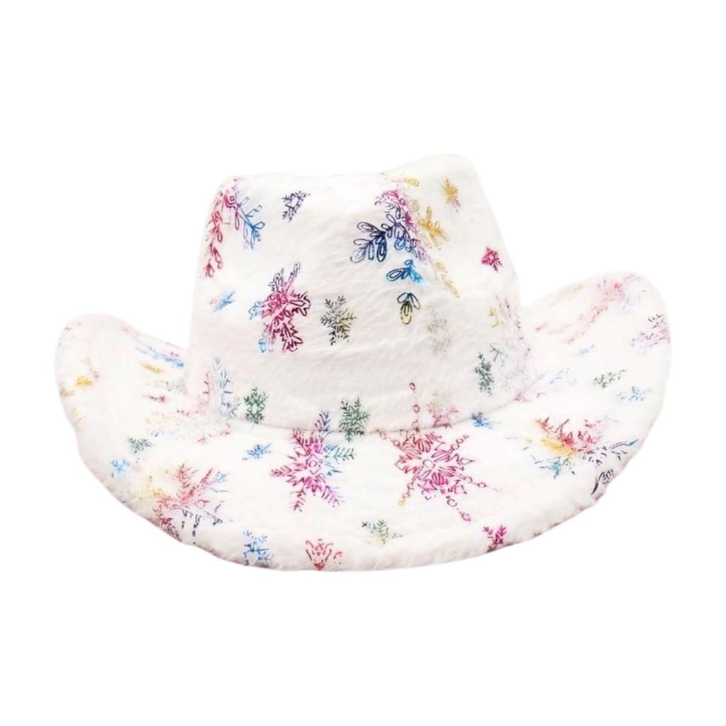 Christmas Style Top Hat, Stage Festival Performance Hat, High-End Warped Edge Gold Silk Snowflake Feather Cowboy Hat