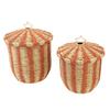 2PCS Woven Storage Basket with Lid Sturdy Iron Frame Red Vintage Decorative Rattan Floor Basket for Clothes Blanket Toys Snack