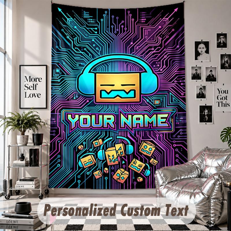 Wall Hanging Tapestry With Custom Name & Text, Geometry Dash Decorative Tapestry For Bedroom