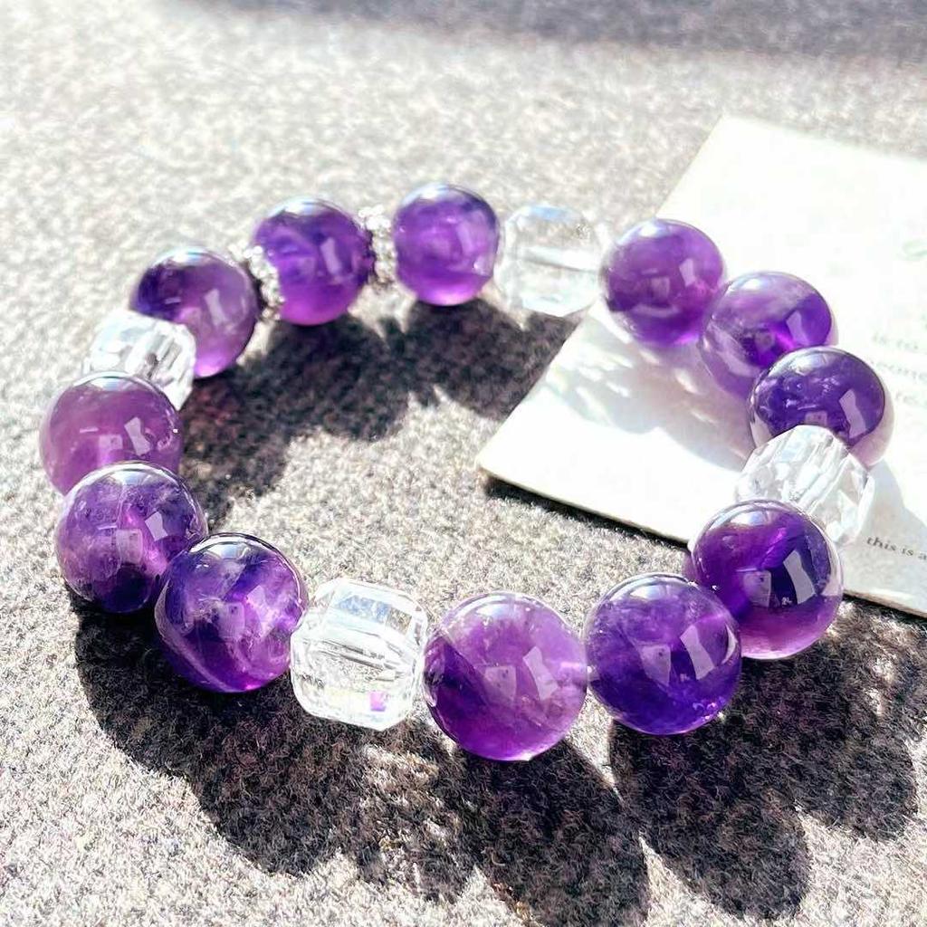 Retro Hoge Kwaliteit Natuurlijk Grote Deeltjes 12 mm Amethist Witte Kristal Armband Armband.