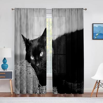 Tende in tulle grigio animale con occhi grandi di gatto nero per la decorazione della camera da letto del soggiorno Tenda per finestra in voile trasparente in chiffon trasparente